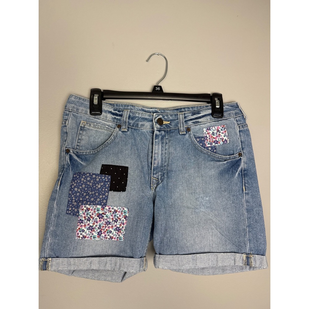 H&M Divided Patchwork Denim Shorts Women 10 Blue Excellent Floral Boho Cuffed